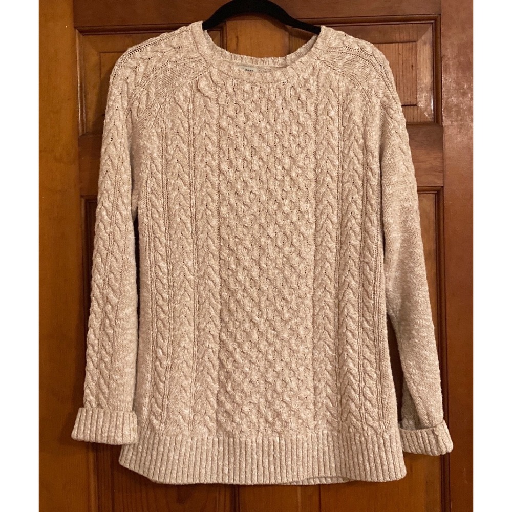 LL Bean Womens L Beige Cable Knit Cotton Crewneck Sweater Layering Neutral Basic